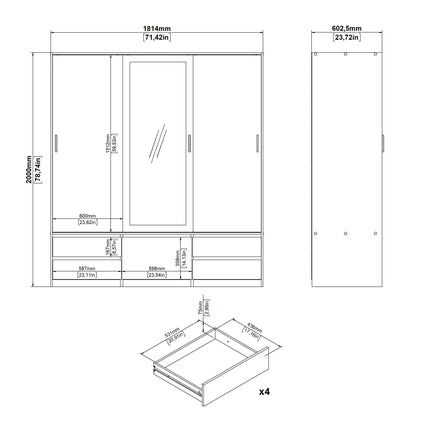 Line - Wardrobe with 3 Sliding Doors, Drawers and Mirror