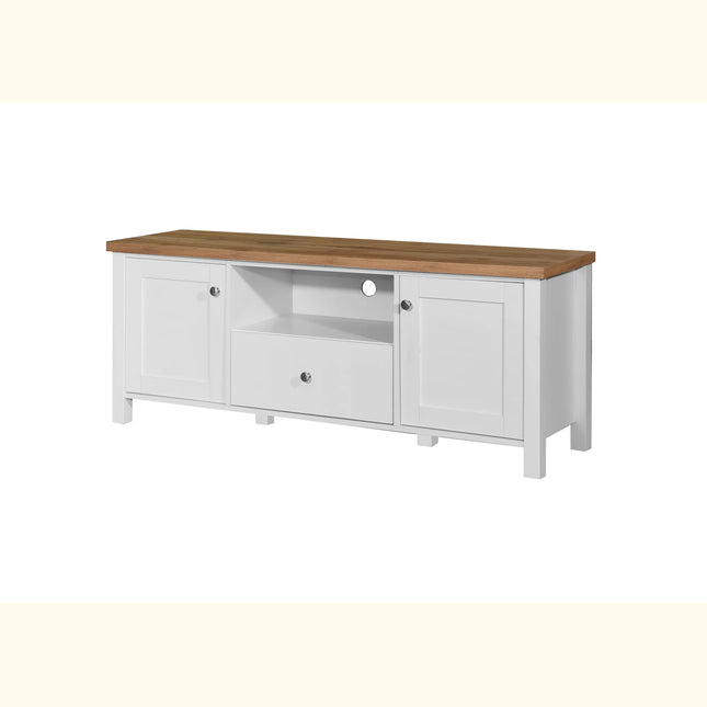 Astbury TV unit with white painted body, oak-effect top, two doors and central drawer
