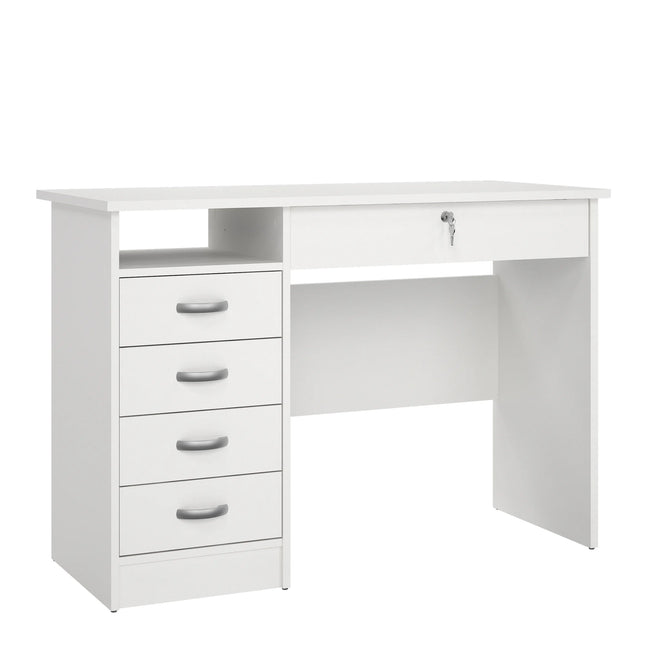 Function Plus desk in white with five drawers, silver handles and lock