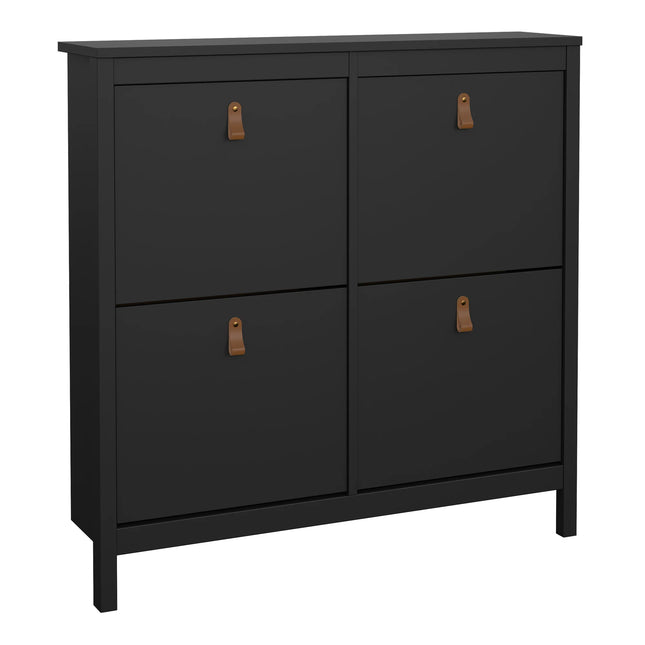 Barcelona shoe cabinet in matte black with four tilt compartments and brown leather pull tabs