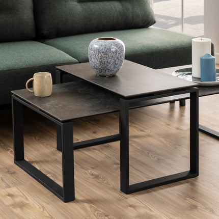 Katrine Ceramic Coffee Table Set in Black – Modern Two-Piece Design