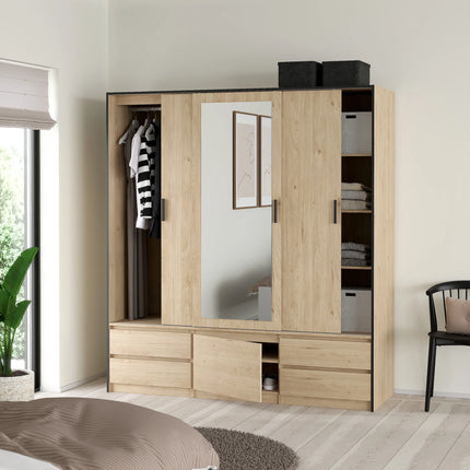 Line - Wardrobe with 3 Sliding Doors, Drawers and Mirror