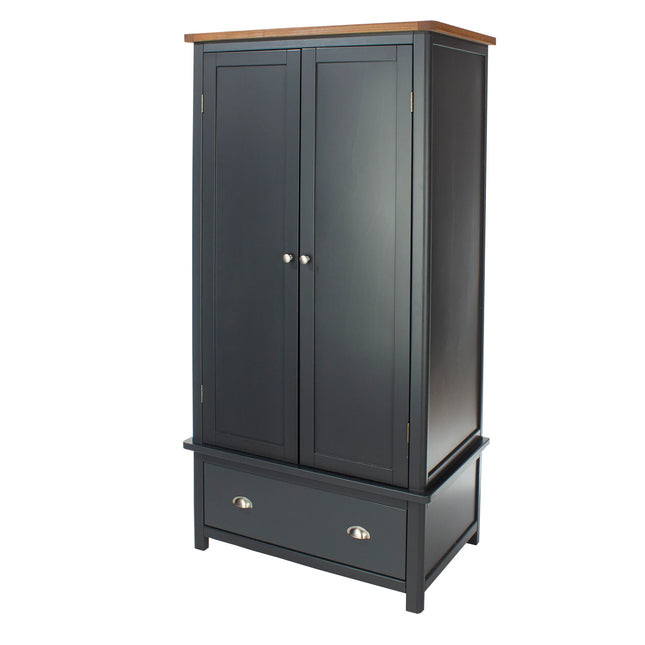 Boston wardrobe close-up of dark grey two-door upper cabinet with wooden top and lower drawer cup handles