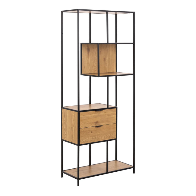 Seaford Tall Wild Oak bookcase with black metal frame, open shelves and two oak-effect drawers