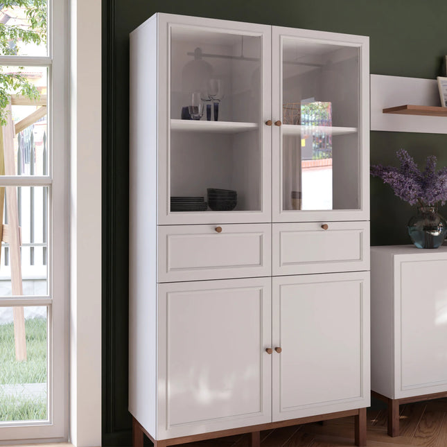 Wensley Display Cabinet with Doors, Drawers & LED Lighting in Light Grey and Oak