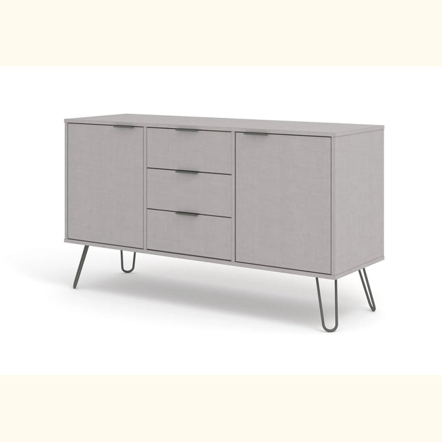 Augusta sideboard in pale grey with two doors, three central drawers and dark hairpin legs