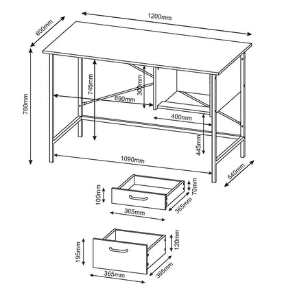 Loft - Desk - 2 Drawer Oak with Black Metal Frame