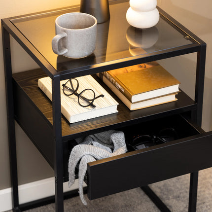 Randolf - Bedside Table in Black with Smoked Glass