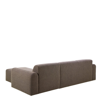 Rear view of brown boucle 2-seater chaise longue with low squared back and rounded arm