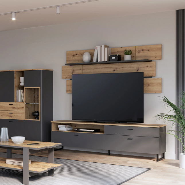 Klara Wall Shelf with Optional LED Lighting in Artisan Oak & Uni Wolfram Grey