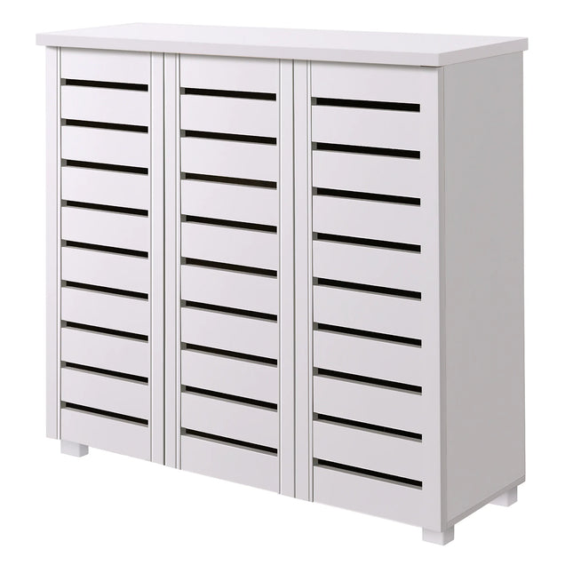 Essentials white 3‑door storage cabinet with louvered slat fronts and block feet
