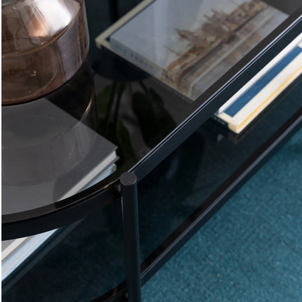 Bayonne Oval Coffee Table with Smoked Glass Top and Matte Black Base