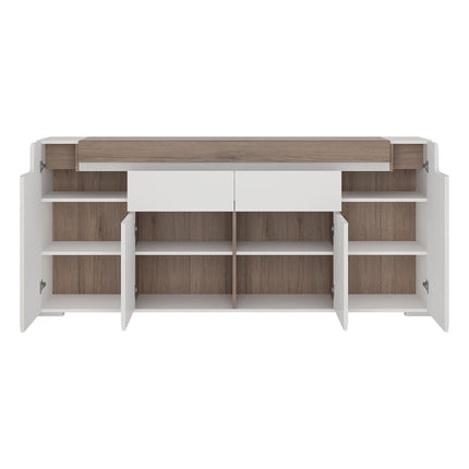Toronto - Wide 4 Door 2 Drawer Sideboard (inc. Plexi Lighting) In White and Oak