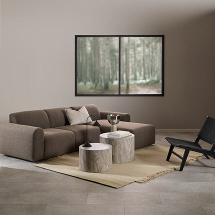 Midfield boucle chaise longue in warm brown with rounded arm and textured upholstery