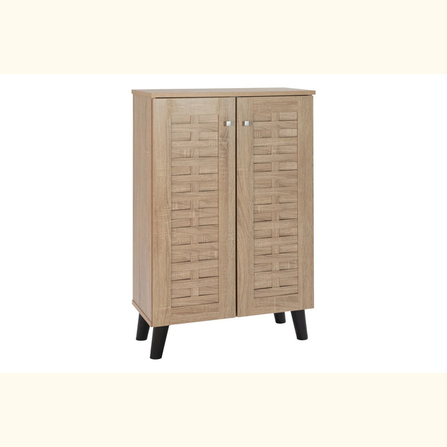Essentials Compact 2‑door shoe cabinet in light oak effect with woven slatted doors and black tapered legs