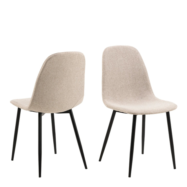 Celia dining chairs set of 2 in beige fabric with rounded backs and black tapered metal legs
