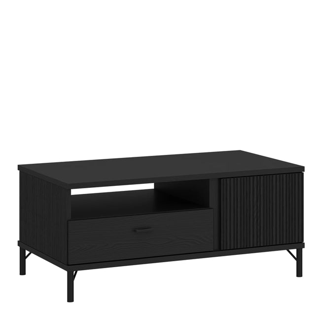 Avenale black coffee table with two-door fluted panel, single drawer and metal legs