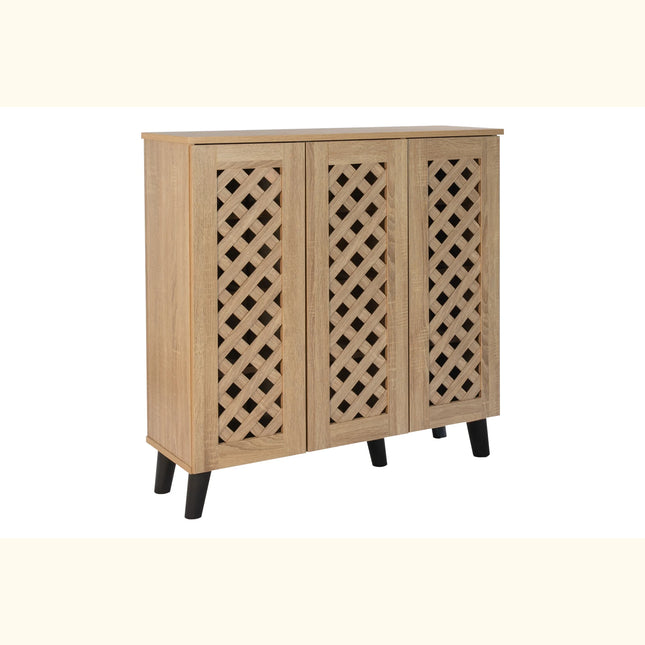 Essentials 3-door shoe cabinet with lattice front panels and oak-effect finish on black legs