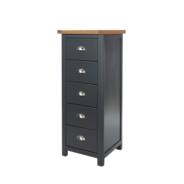 Tall narrow Boston chest of drawers in dark grey with oak top and brushed cup handles