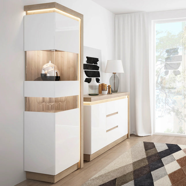 Lyon Tall Narrow Display Cabinet with LED Lighting in White & Riviera Oak