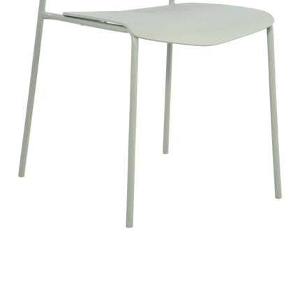Close-up of pale green plastic seat and slim metal legs