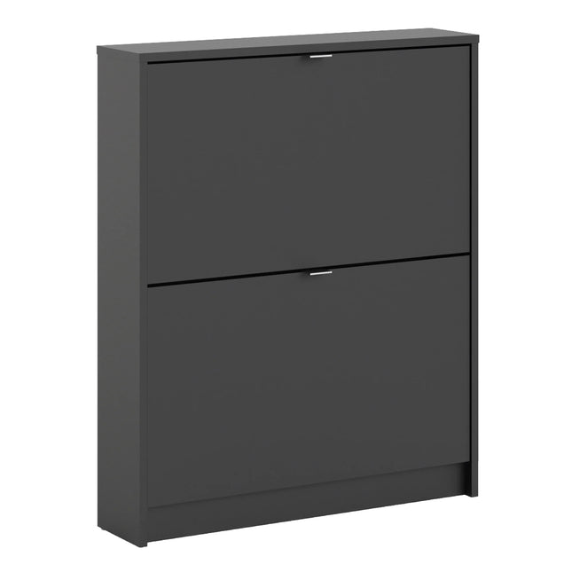Dark grey two-door shoe cabinet with slim silver handles