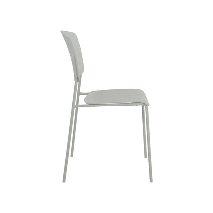 Side view of pale grey Aspen dining chair with slim metal sled legs