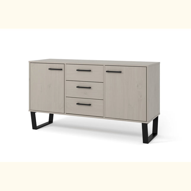 Texas sideboard in grey-waxed pine with two doors, three central drawers and black metal sled legs