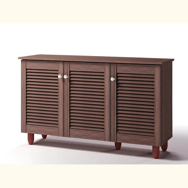 Essentials shoe cabinet in walnut-effect finish with three louvred doors and round chrome knobs