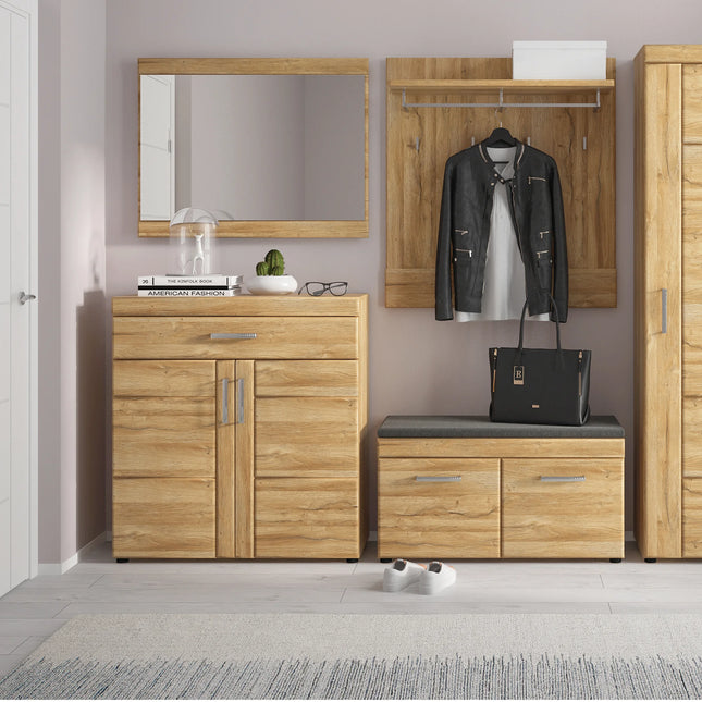 Cortina shoe cabinet pair in oak-effect finish with silver handles and grey cushioned bench top