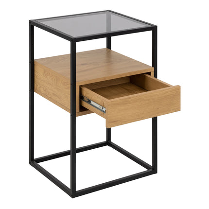 Randolf - Square Bedside Table with 1 Drawer in Black and Oak