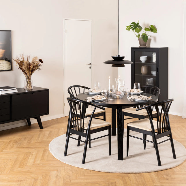 Montreux Round Extending Dining Table & Cassandra Armrest Chairs in Black