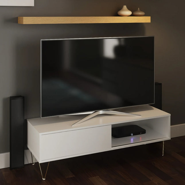 Monaco TV unit white sliding-door cabinet with open AV shelf and slim gold hairpin legs