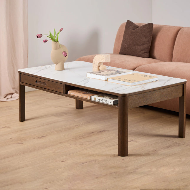 Southampton Rectangular Coffee Table with Drawer and Shelf in Cream Ceramic