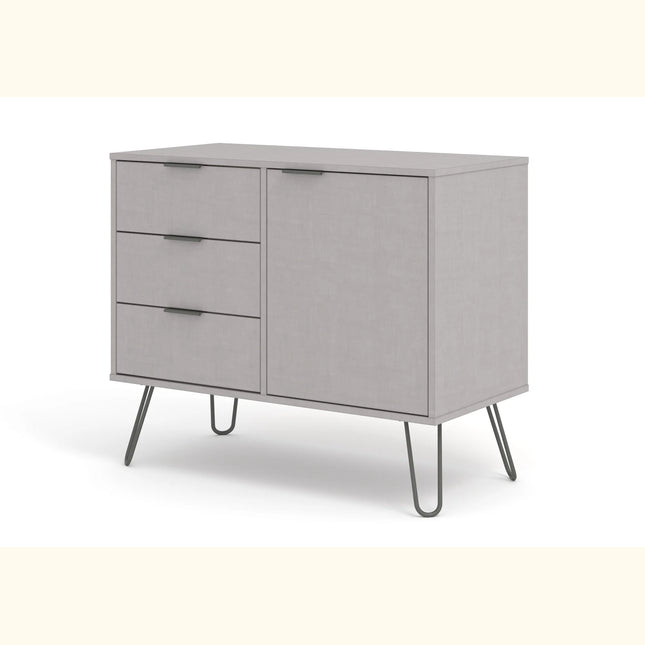 Augusta sideboard close-up of pale grey front with three drawers, single door and black hairpin legs