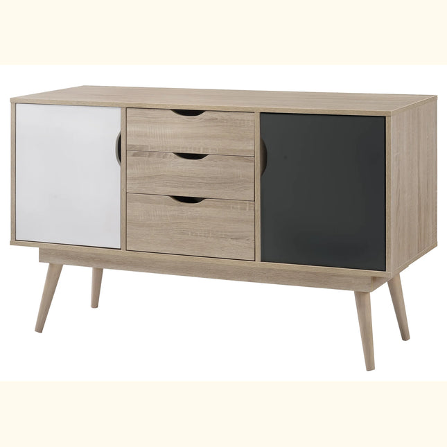 Alford sideboard in light oak with central three drawers, white left door and black right door