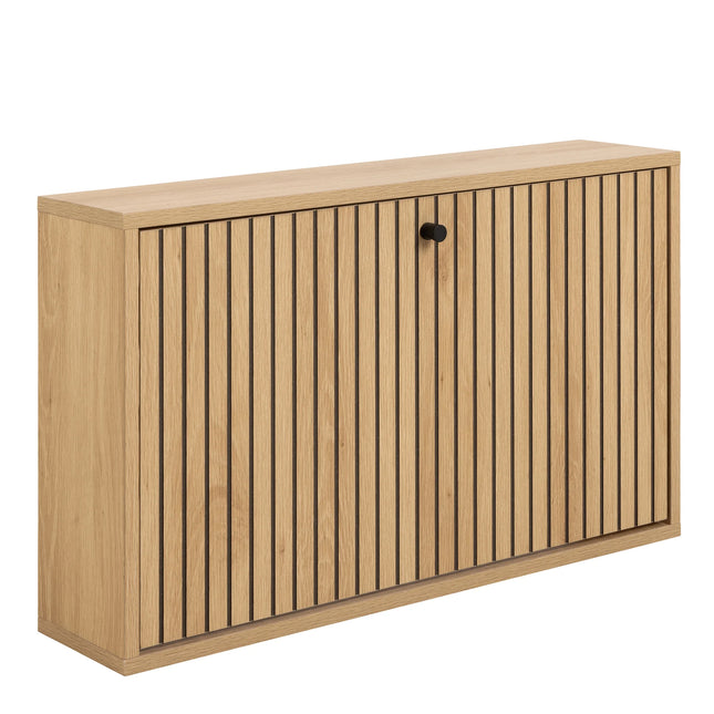 Albany shoe cabinet wall-mounted oak-effect with vertical slatted doors and black knob