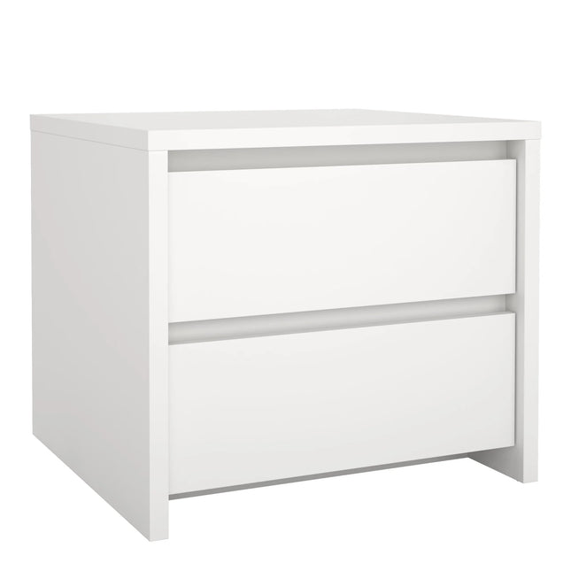Next white two-drawer nightstand with recessed drawer rails and straight legs