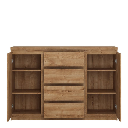 Fribo sideboard interior showing open two-door compartments either side of three central drawers in oak-effect finish