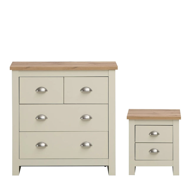 Lisbon 2-piece set with cream painted drawers, oak-effect tops and brushed cup handles