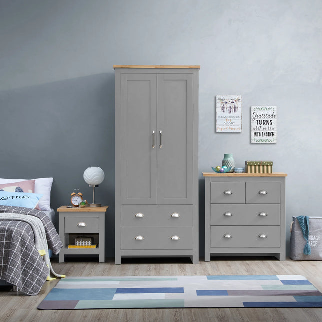 Lisbon bedside table in grey with oak-effect top, single drawer and open shelf