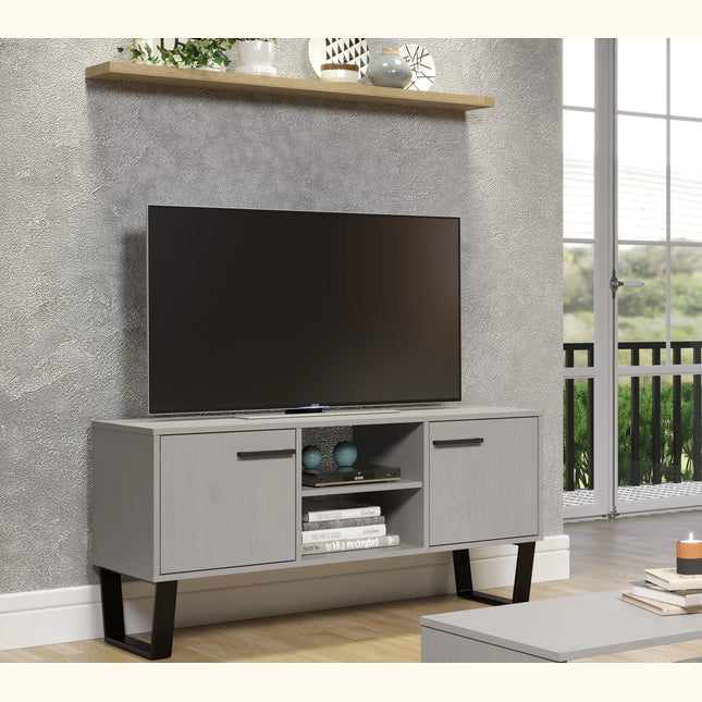 Texas TV unit detail with grey waxed pine doors, open centre shelf and black metal sled legs