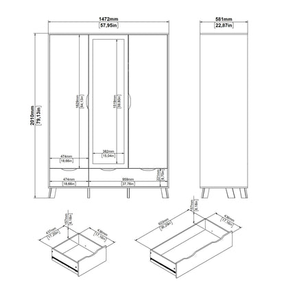 Ikast - Wardrobe 3 Doors and 2 Drawers with Mirror