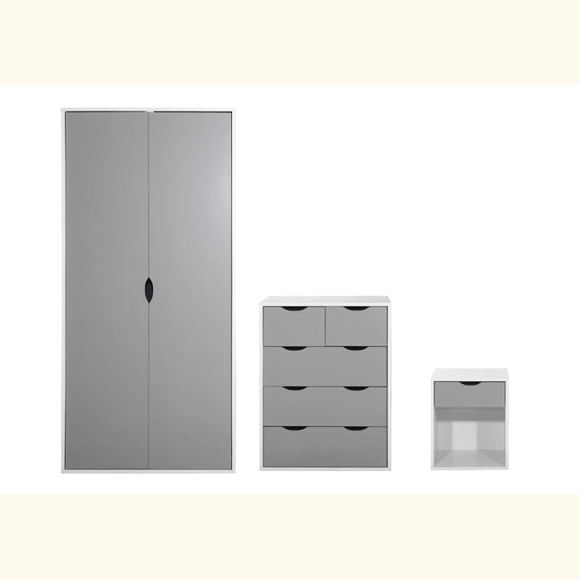 Alton 3-piece bedroom set — tall grey two-door wardrobe, grey five-drawer chest and small grey bedside unit with white frames