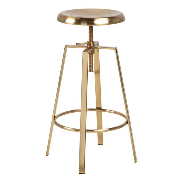 Goose bar stool with round gold brushed steel seat, threaded adjustable stem and four-leg gold frame with circular footrest