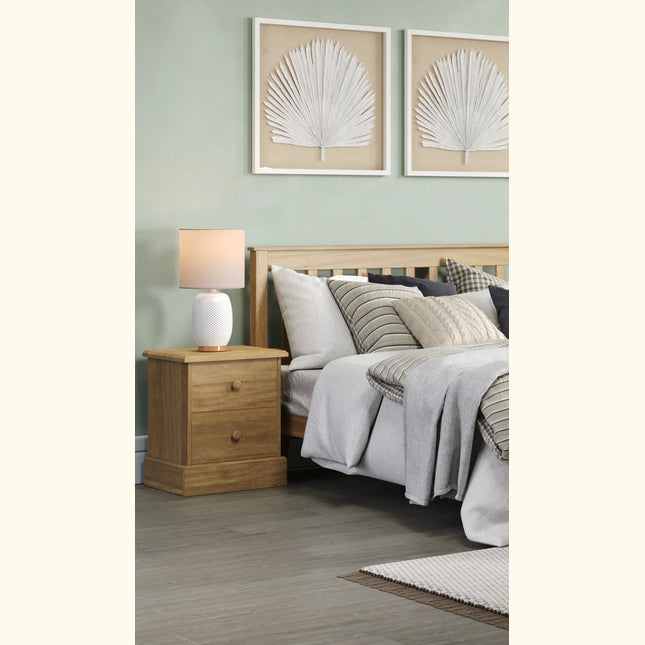 Cotswold bedside cabinet in light solid pine with two drawers and round wooden knobs