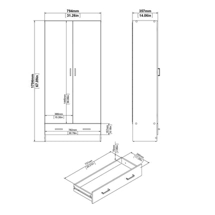Space - 3 Piece Bedroom Set, Bedside, Chest and 2 Door 1 Drawer Wardrobe