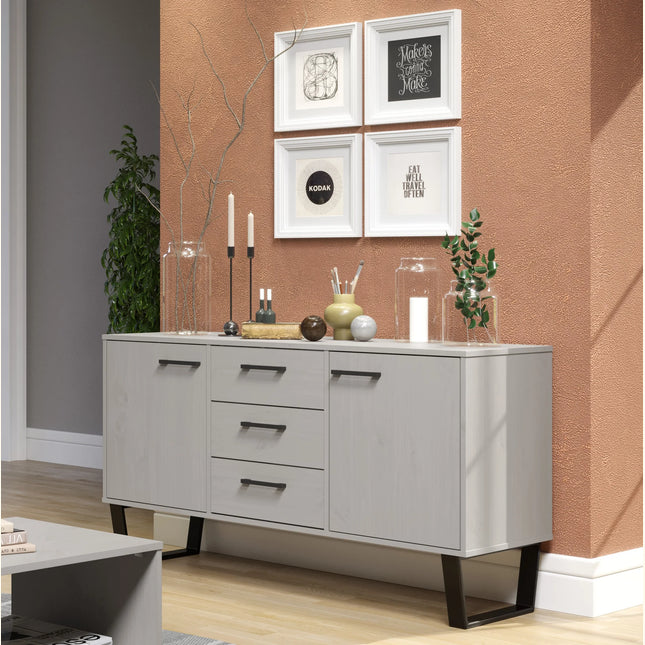 Black angled metal leg and grey waxed pine sideboard corner with slim black handle
