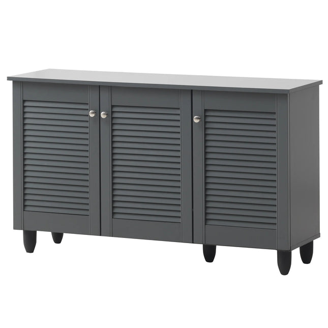 Essentials shoe cabinet in dark grey with three louvered doors, round metal knobs and tapered legs