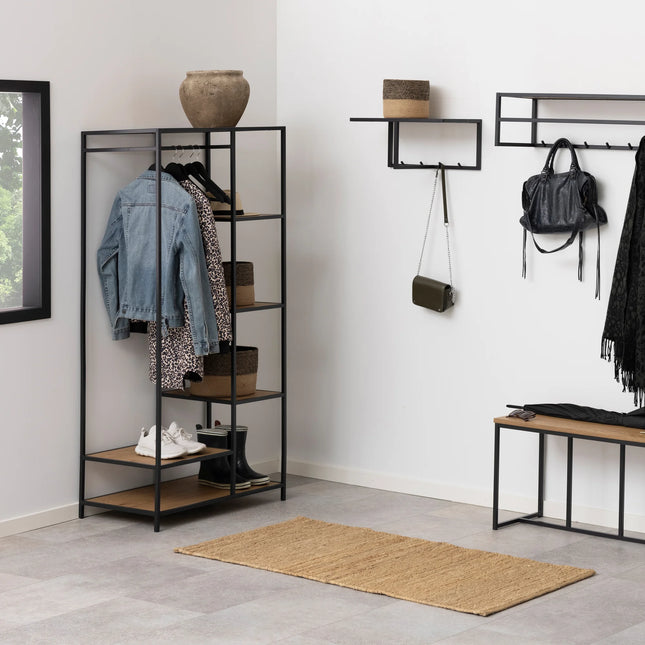Seaford black metal clothes rack corner with wooden-look shelves and hanging rail